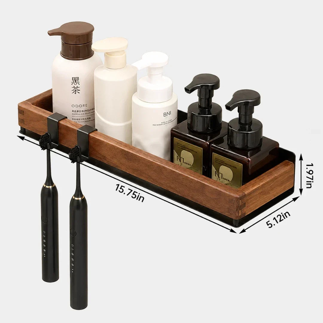 Wooden Wall Shelf with Two Hooks