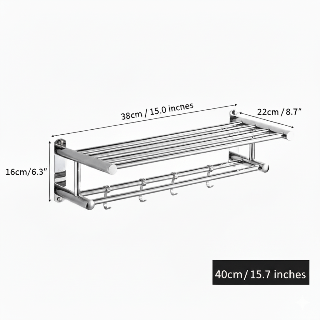 Stainless Steel Towel Rail with Shelf and Hooks
